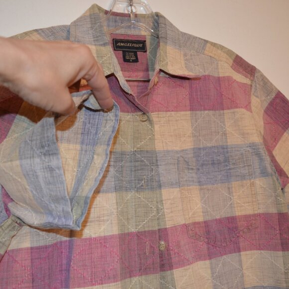 ANGELIQUE Cotton Button-Down Shirt Grey-Red-TanTextures Pattern Round Bottoms S - Picture 7 of 14